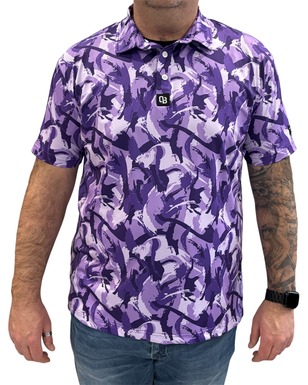 Purple Haze men's golf polo with abstract purple brushstroke pattern
