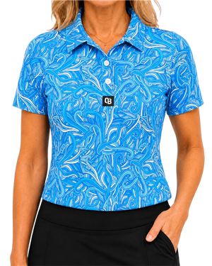 Birdie Wave women’s short sleeve golf polo with blue and white wave print