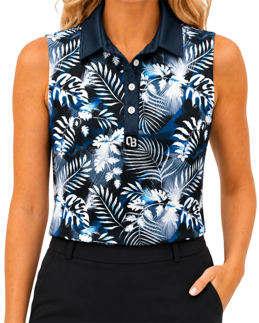 Blue Lagoon women’s sleeveless golf polo with blue tropical leaf print