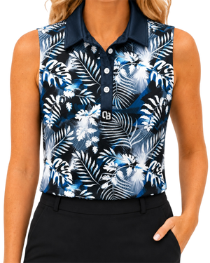 Blue Lagoon women’s sleeveless golf polo with blue tropical leaf print