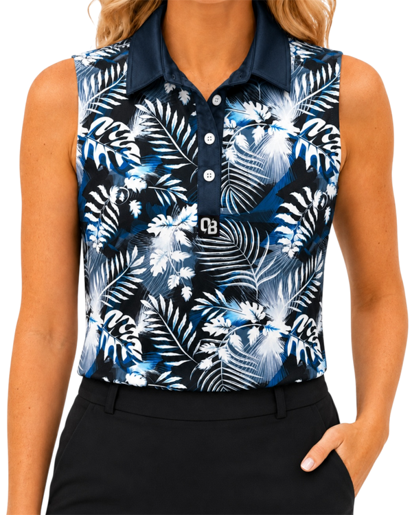 Blue Lagoon women’s sleeveless golf polo with blue tropical leaf print