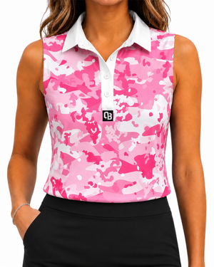 Camo Crush women’s sleeveless golf polo with pink camouflage print