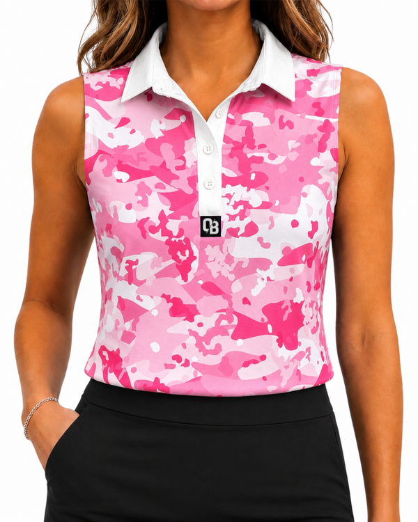 Camo Crush women’s sleeveless golf polo with pink camouflage print