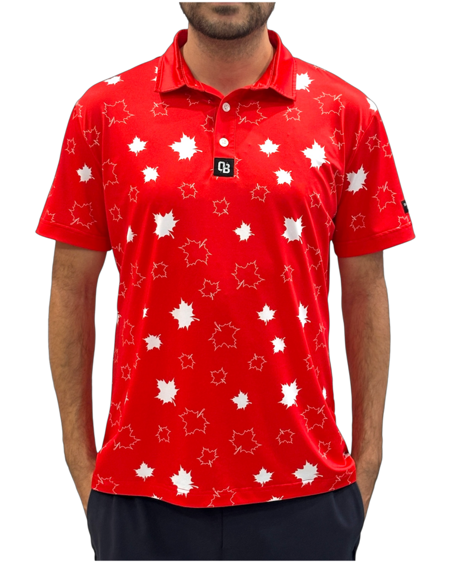 Canuck men’s golf polo with red Canadian maple leaf print