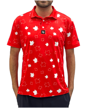 Canuck men’s golf polo with red Canadian maple leaf print