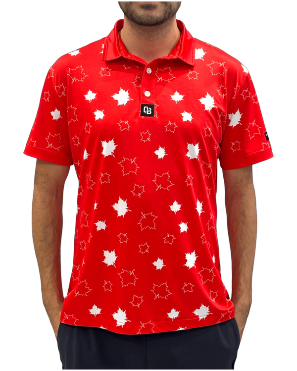 Canuck men’s golf polo with red Canadian maple leaf print