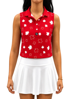 Canuck women’s sleeveless golf polo with red Canadian maple leaf print