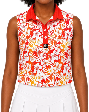 Citrus Bloom women’s sleeveless golf polo with orange tropical floral print