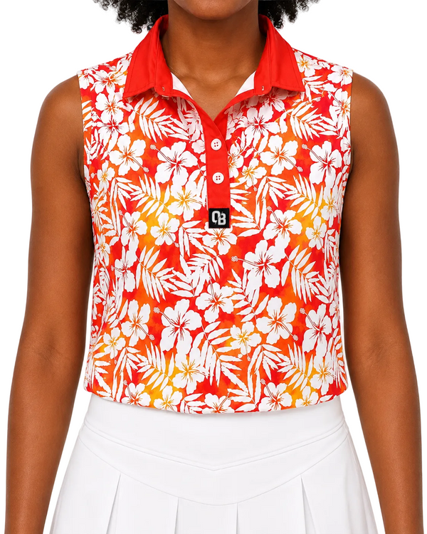 Citrus Bloom women’s sleeveless golf polo with orange tropical floral print