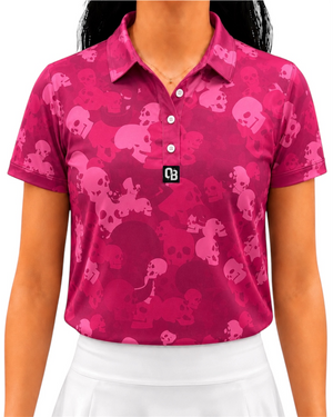 Dead Center women’s short sleeve golf polo with tonal pink skull print