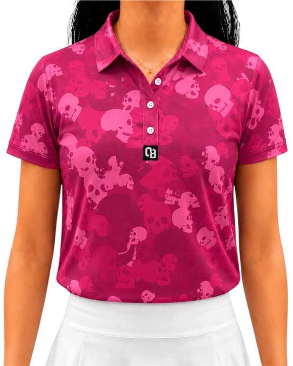 Dead Center women’s short sleeve golf polo with tonal pink skull print