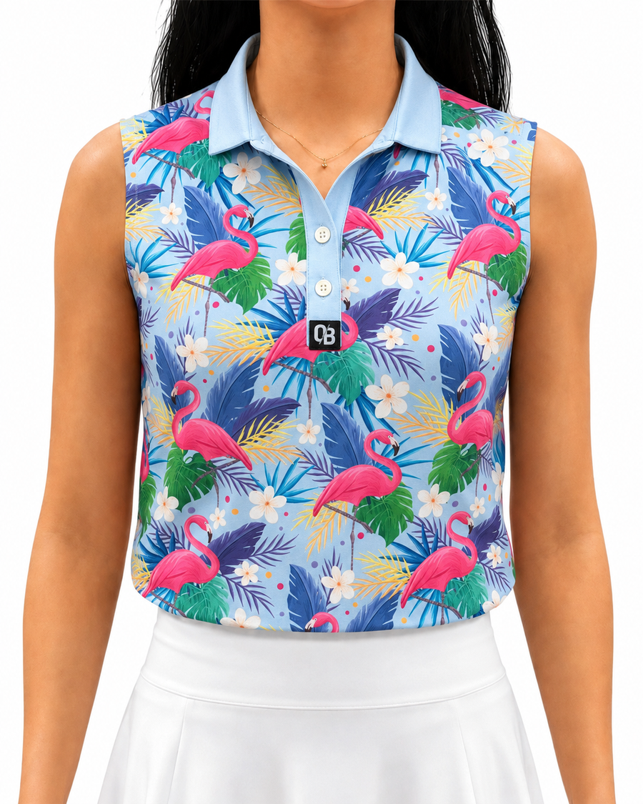 Flamingo Friends women’s sleeveless golf polo with pink flamingos and tropical leaves
