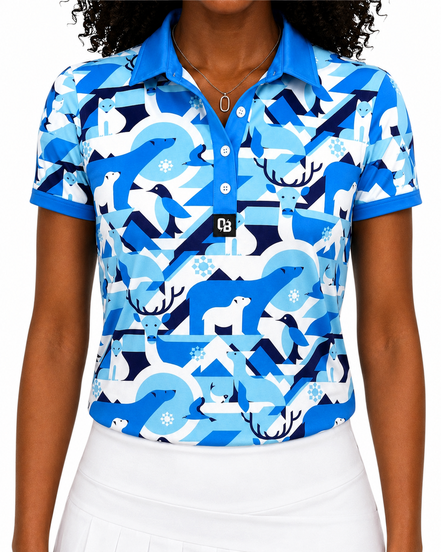 Frostbite women’s short sleeve golf polo with blue winter animal print
