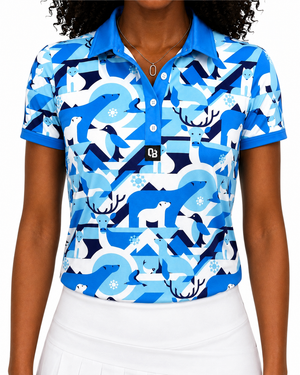 Frostbite women’s short sleeve golf polo with blue winter animal print