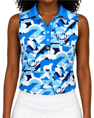 Frostbite women’s sleeveless golf polo with blue winter animal print