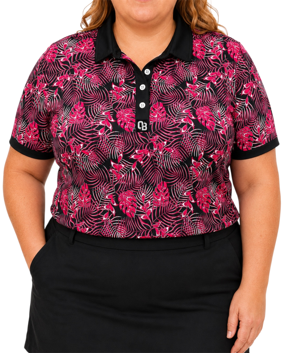 Jungle Pink women’s short sleeve golf polo with pink tropical leaf print