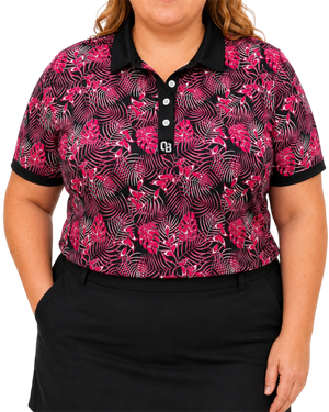 Jungle Pink women’s short sleeve golf polo with pink tropical leaf print