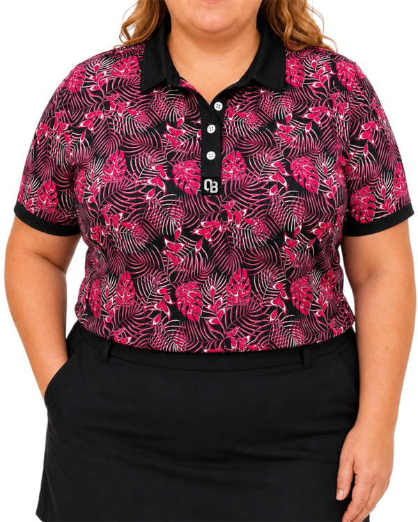 Jungle Pink women’s short sleeve golf polo with pink tropical leaf print