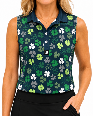 Lucky Clover women’s sleeveless golf polo with green four-leaf clover print