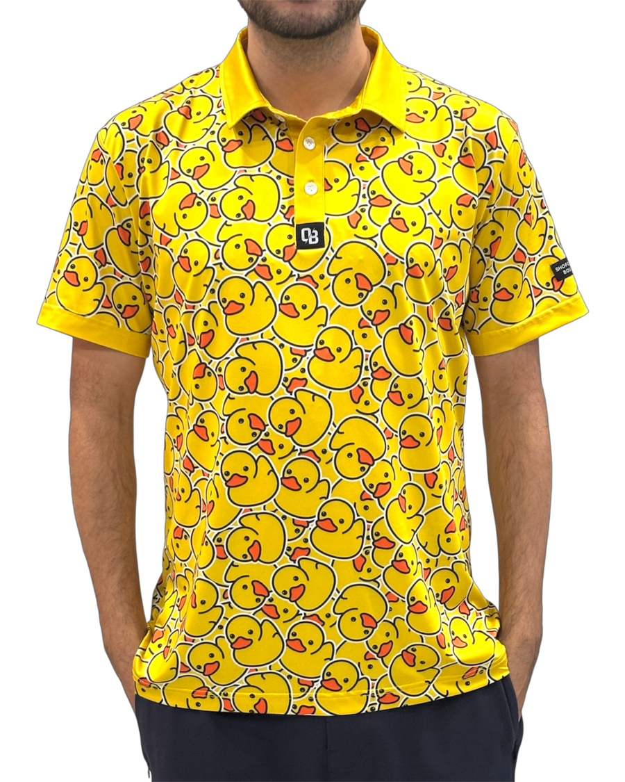 Lucky Duck men’s golf polo with yellow rubber duck print