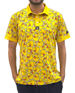 Lucky Duck men’s golf polo with yellow rubber duck print