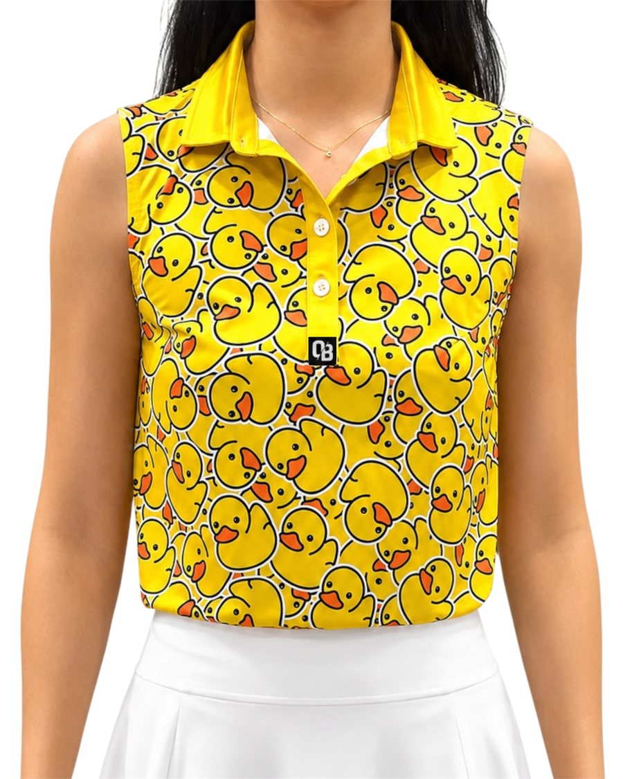 Lucky Duck women’s sleeveless golf polo with yellow rubber duck print