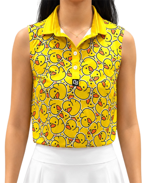 Lucky Duck women’s sleeveless golf polo with yellow rubber duck print