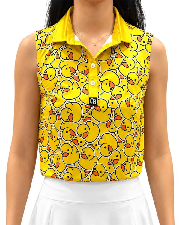 Lucky Duck women’s sleeveless golf polo with yellow rubber duck print