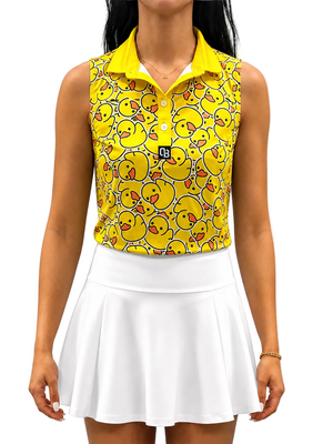 Lucky Duck women’s sleeveless golf polo with yellow rubber duck print