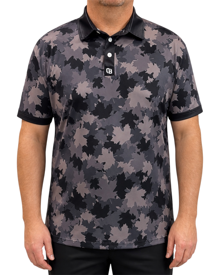 Maple Camo men’s golf polo with grey maple leaf camo print