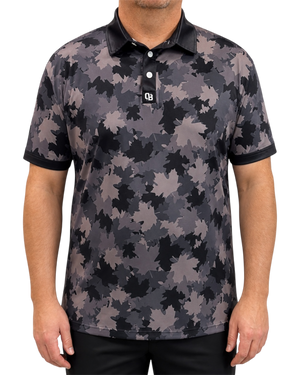 Maple Camo men’s golf polo with grey maple leaf camo print