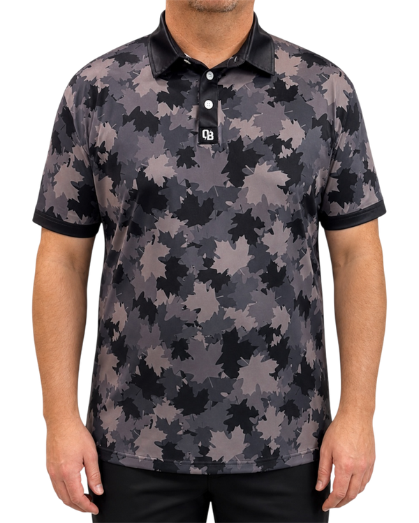 Maple Camo men’s golf polo with grey maple leaf camo print