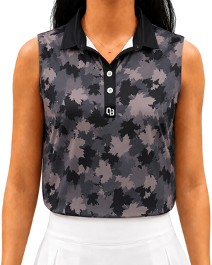Maple Camo women’s sleeveless golf polo with black and grey maple leaf print