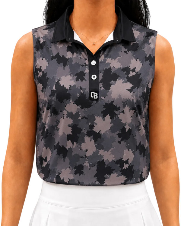 Maple Camo women’s sleeveless golf polo with black and grey maple leaf print