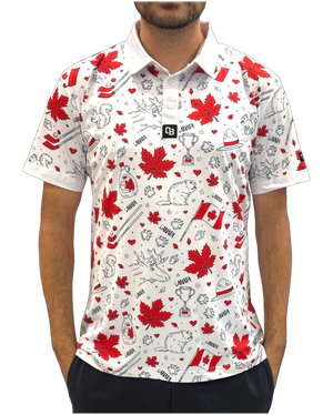 Oh Canada men’s golf polo with maple leaf and Canadian icon print
