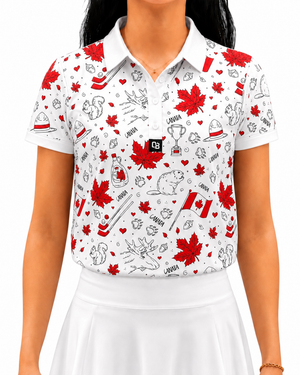 Oh Canada women’s short sleeve golf polo with red Canadian icon print