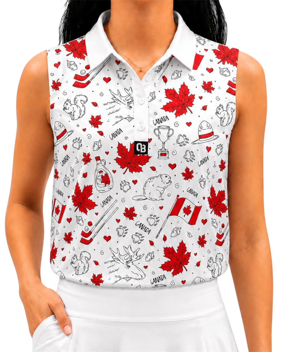 Oh Canada women’s sleeveless golf polo with red Canadian icon print