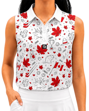 Oh Canada women’s sleeveless golf polo with red Canadian icon print