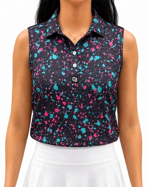 Paint Splatter women’s sleeveless golf polo with pink and turquoise splatter print