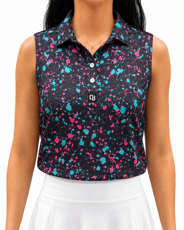 Paint Splatter women’s sleeveless golf polo with pink and turquoise splatter print