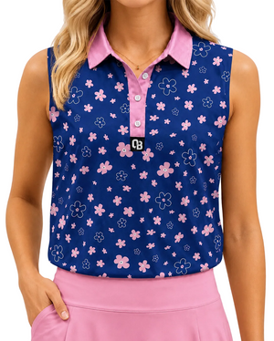 Pink Bloom women’s sleeveless golf polo with pink flowers on a navy background