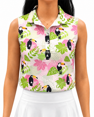 Rainforest women’s sleeveless golf polo with toucans and colourful tropical leaves