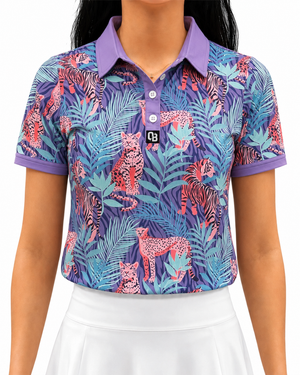 Safari Nights women’s short sleeve golf polo with tigers, leopards and tropical leaves