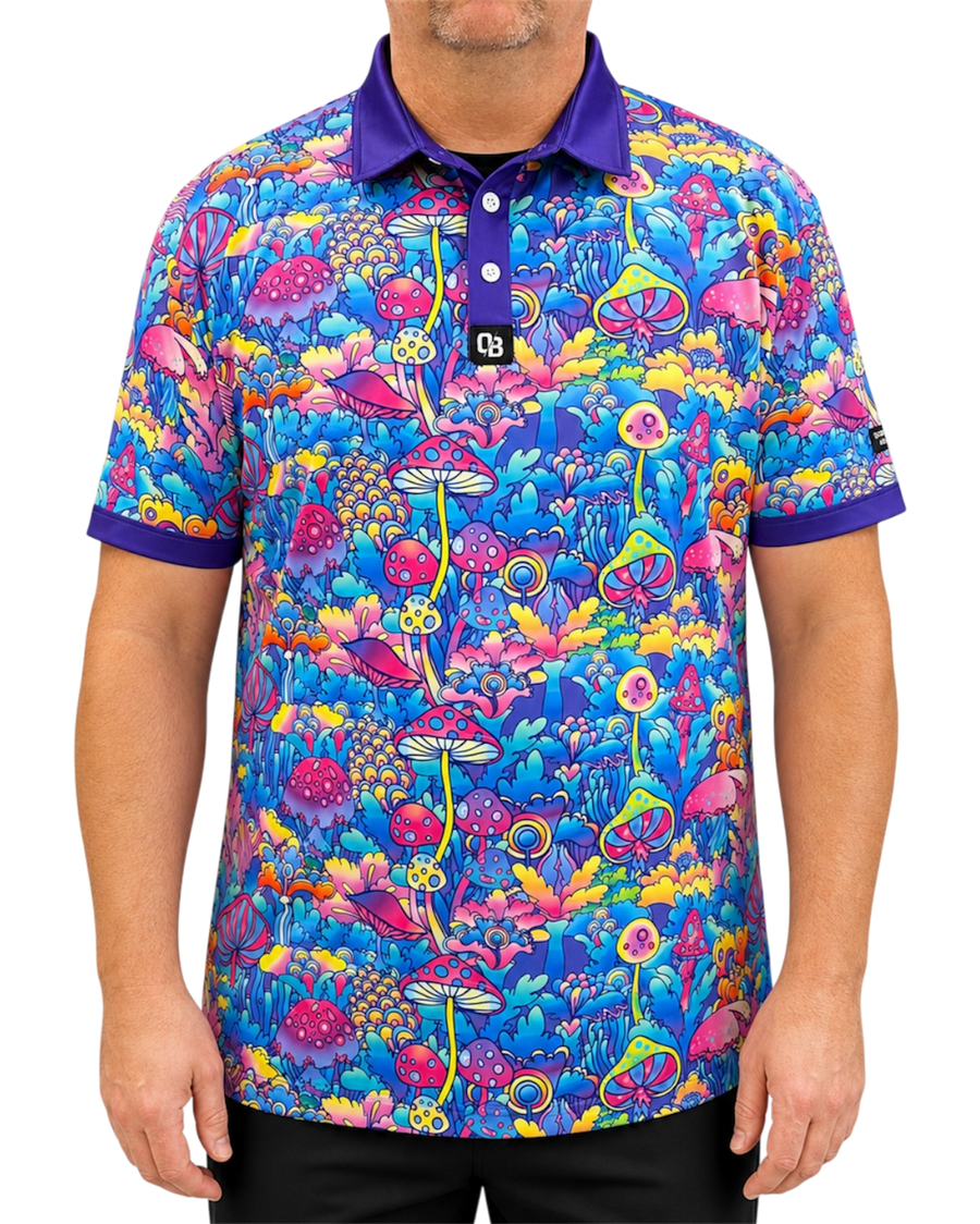 Trippy men’s golf polo with colourful mushroom print