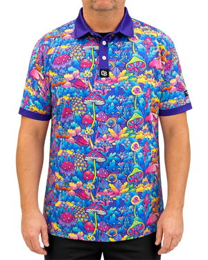 Trippy men’s golf polo with colourful mushroom print