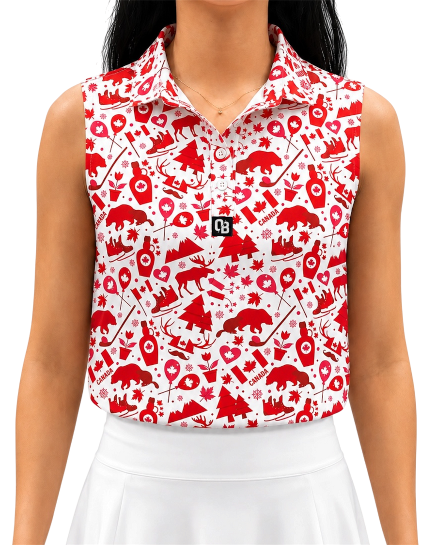 True North women’s sleeveless golf polo with red Canadian print