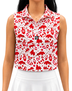 True North women’s sleeveless golf polo with red Canadian print