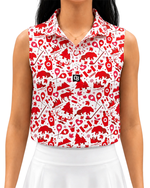 True North women’s sleeveless golf polo with red Canadian print