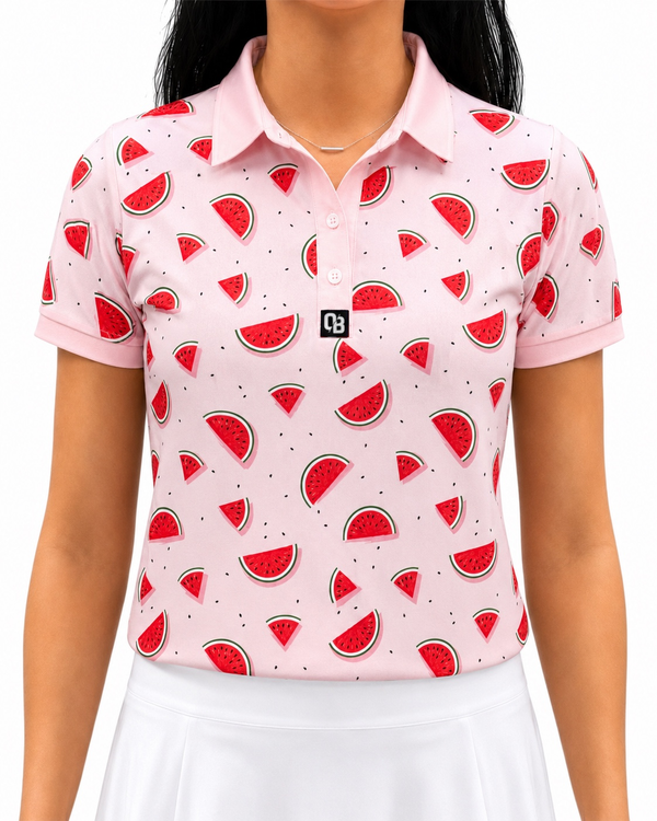 Watermelon Sugar women’s short sleeve golf polo with red watermelon print on pink