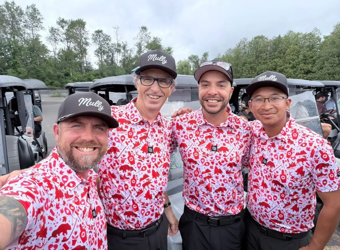 Golfers wearing Shop Out of Bounds Canadian collection polos